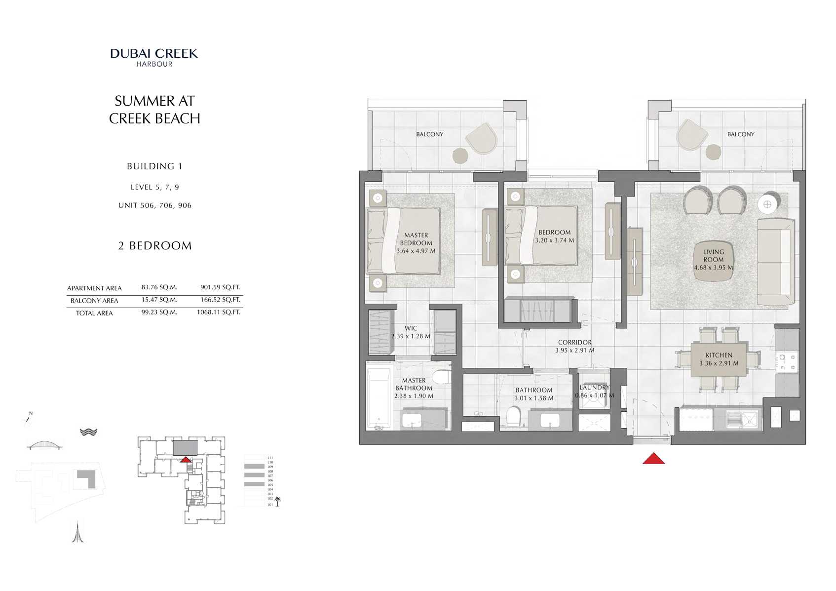 2 Br Building 1 Level-5-7-9 Unit 506-706-906, Size 1068 Sq Ft